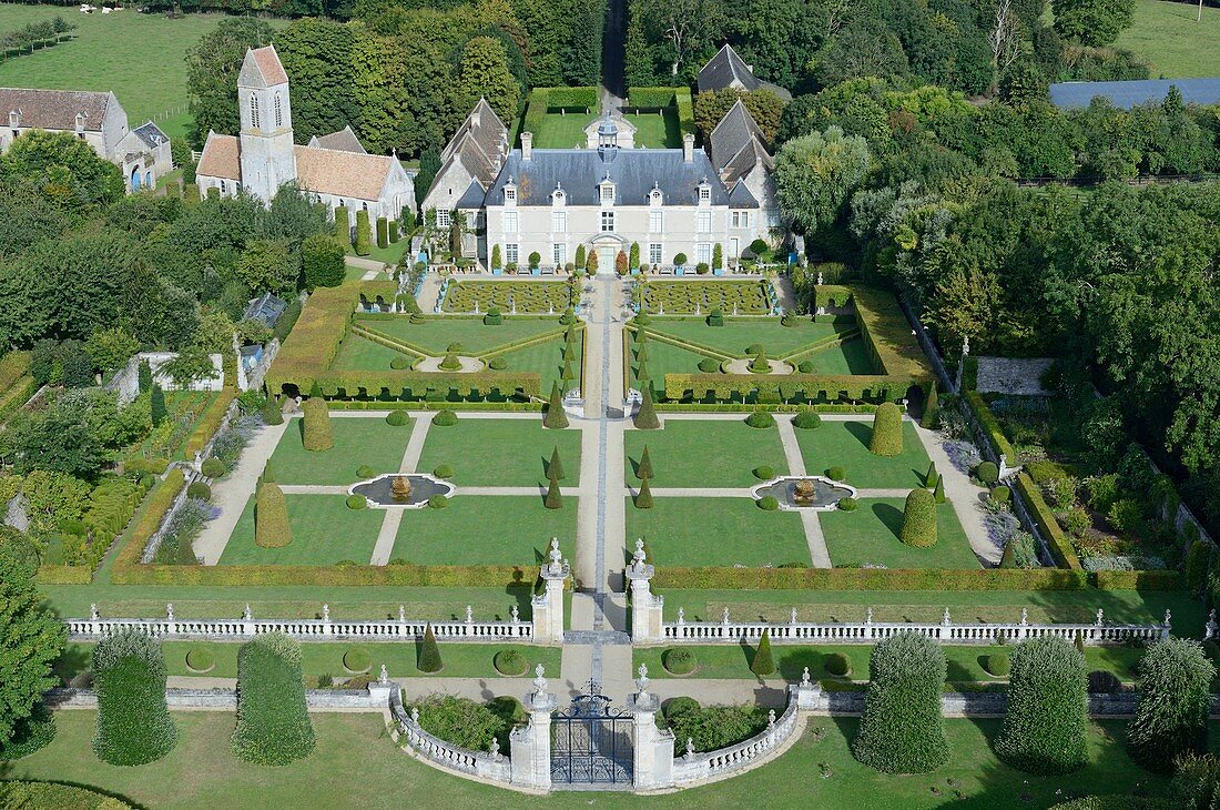 France, Calvados, Saint Gabriel Brecy, the castle and the gardens of Brecy (aerial view)