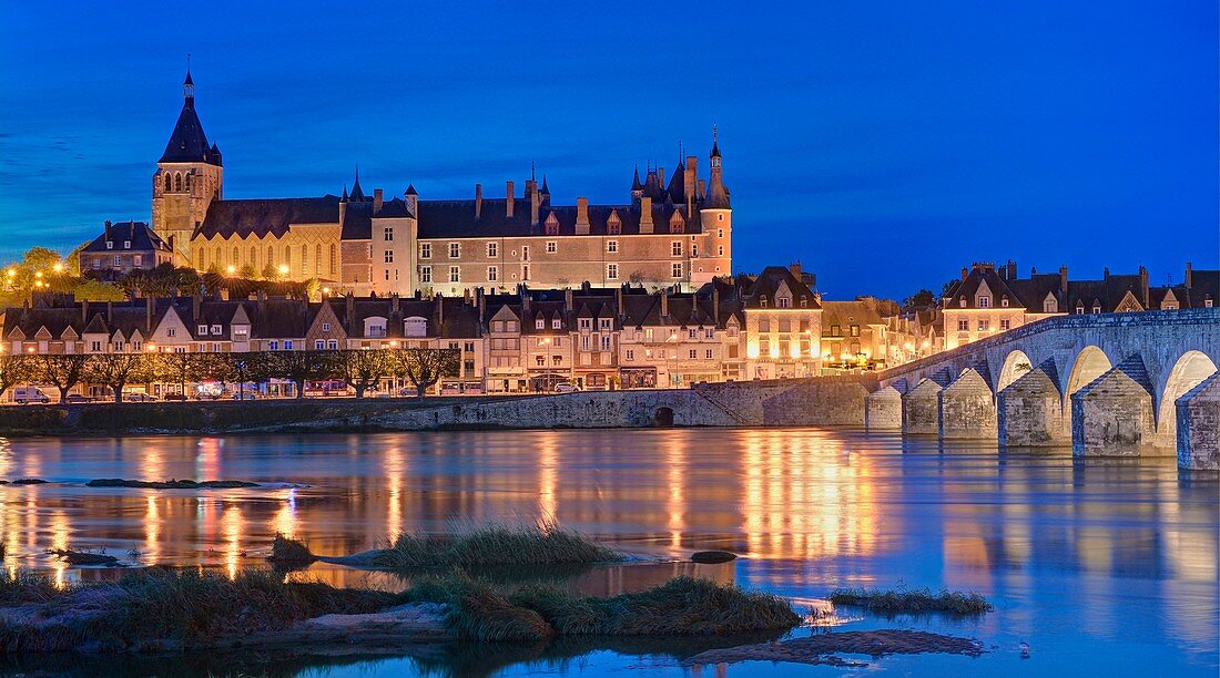 France, Loiret, Gien, Sainte Jeanne d'Arc (Joan of Arc) church, the castle and the banks of the Loire river