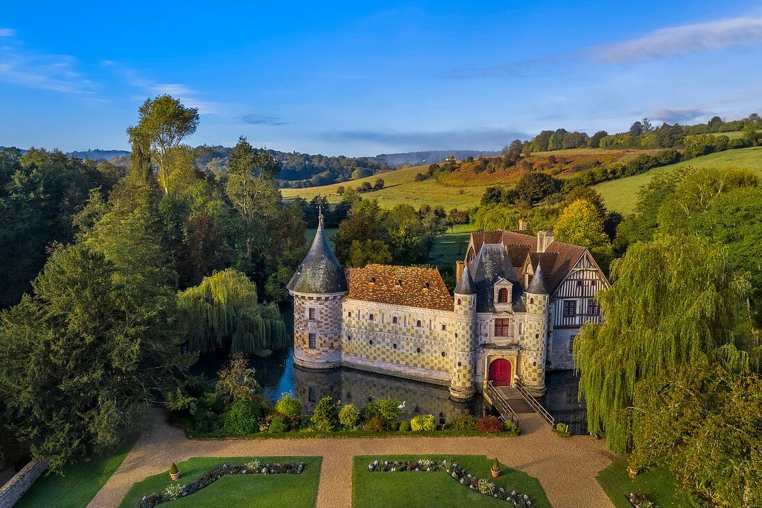 France, Calvados, Pays d'Auge, 15th and 16th century Saint Germain de Livet Castle labeled Museum of France (aerial view)