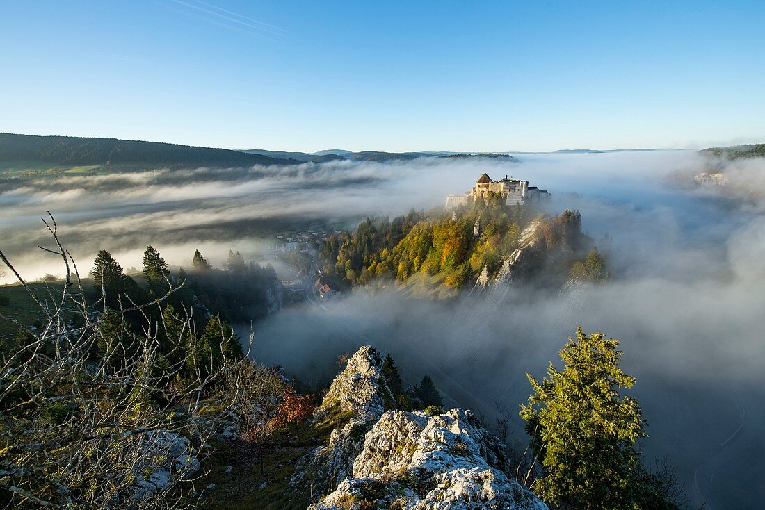 France, Doubs, Pontarlier, Cluse and Mijoux, the fort of Joux surrounded with fog seen by the fort of Larmont