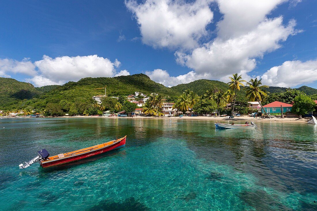 Martinique, view on the beach of Anses d'Arlets, white sand, coconuts, turquoise sea in the foreground fishing boats the typical boat of the West Indies