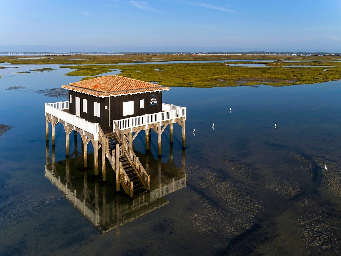 Frankreich, Gironde, Bassin d'Arcachon, La Teste-de-Buch, Ile aux Oiseaux, die Tchanques-Hütten (Luftaufnahme)