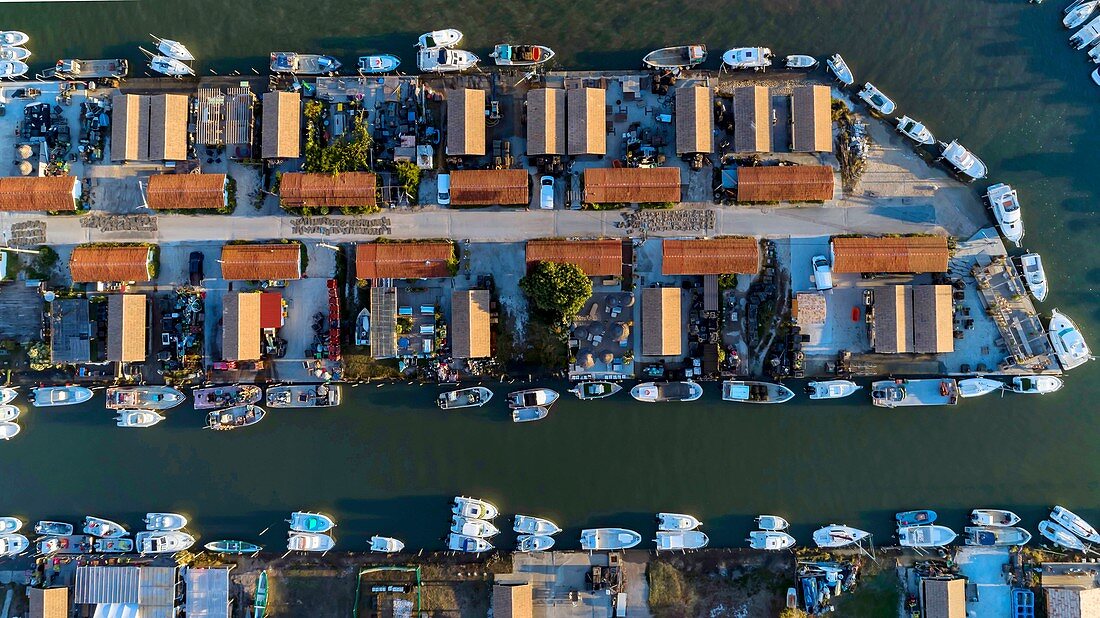 France, Gironde, Bassin d'Arcachon, Andernos-les-Bains, the oyster port (aerial view)