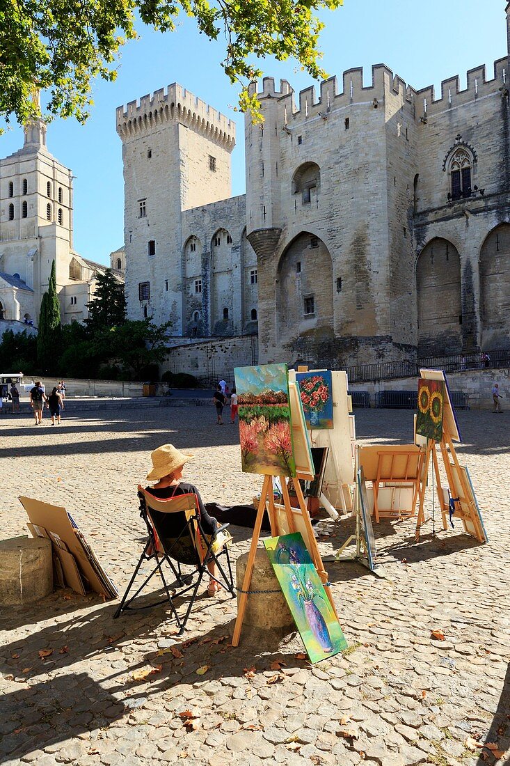 France, Vaucluse, Avignon, Palais Square, Palais of the Popes (XIV) classified UNESCO World Heritage, painters