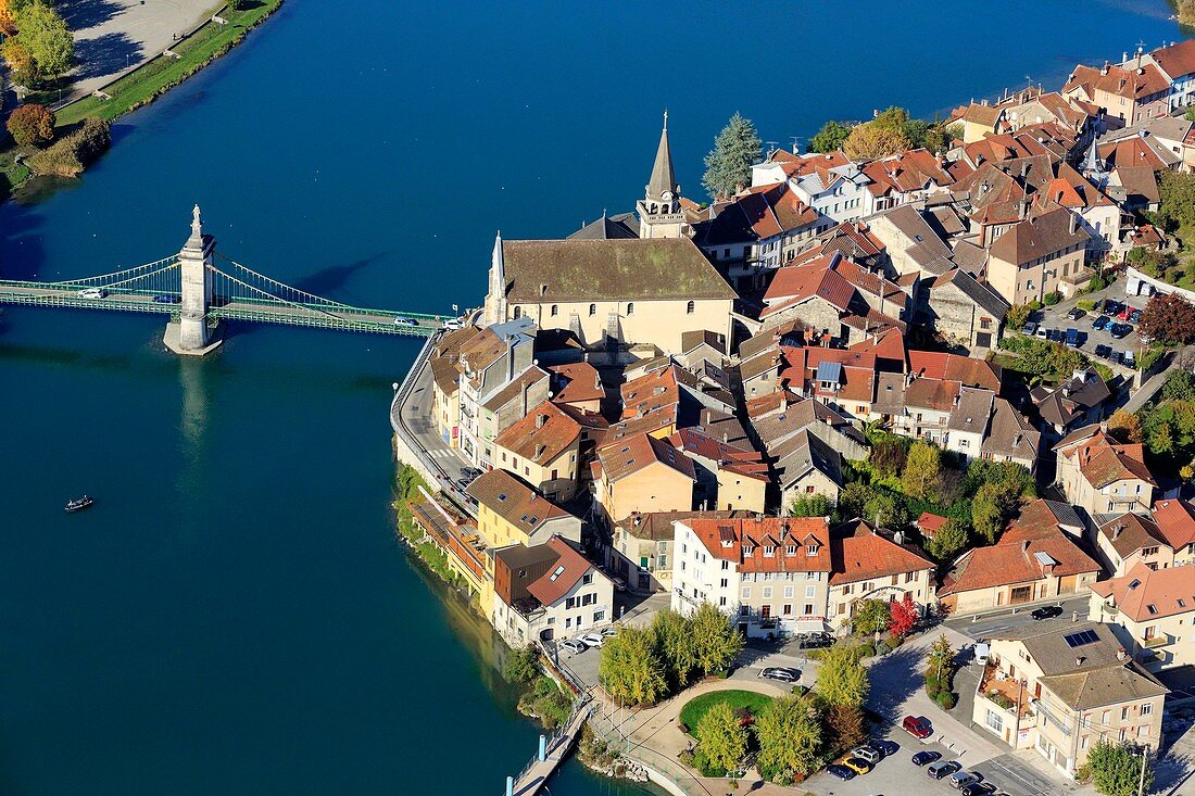 Frankreich, Haute Savoie, Seyssel, Brücke über die Rhone (Luftaufnahme)
