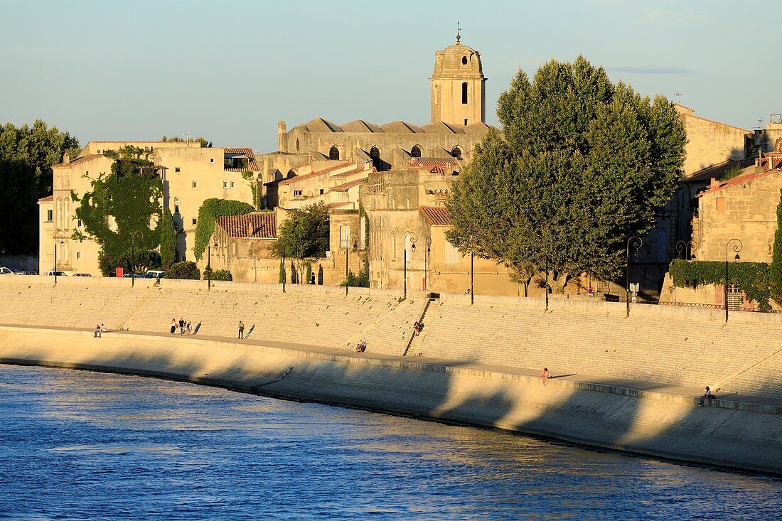 France, Bouches du Rhone, Arles, dock Max Dormoy, The Rhone and the Saint Julien church in the background