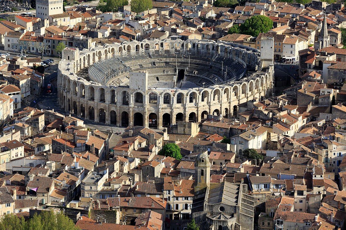 France, Bouches du Rhone, Arles, the city center with the arena, Roman amphitheater (80/90 AD J-C.), Historical monument, UNESCO World Heritage (aerial view)