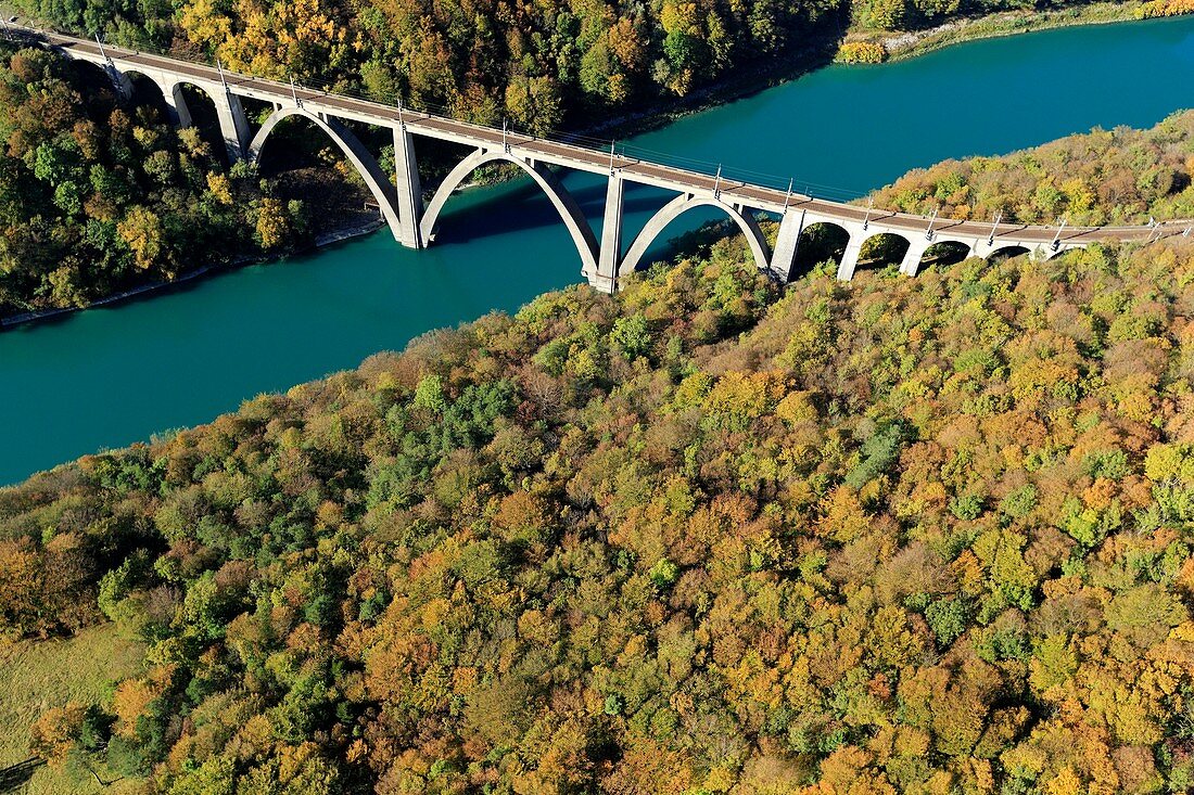 France, Ain, Haut Jura regional natural park, Leaz, The Ecluse parade (classified site) and the Longeray viaduct on the Rhone (aerial view)
