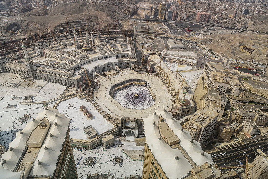 The Hajj annual Islamic pilgrimage to Mecca, Saudi Arabia, the holiest city for Muslims. Aerial view.