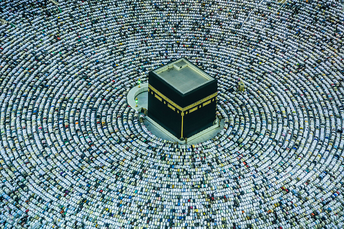 Die jährliche islamische Pilgerreise der Hajj nach Mekka, Saudi-Arabien, der heiligsten Stadt der Muslime, Luftaufnahme