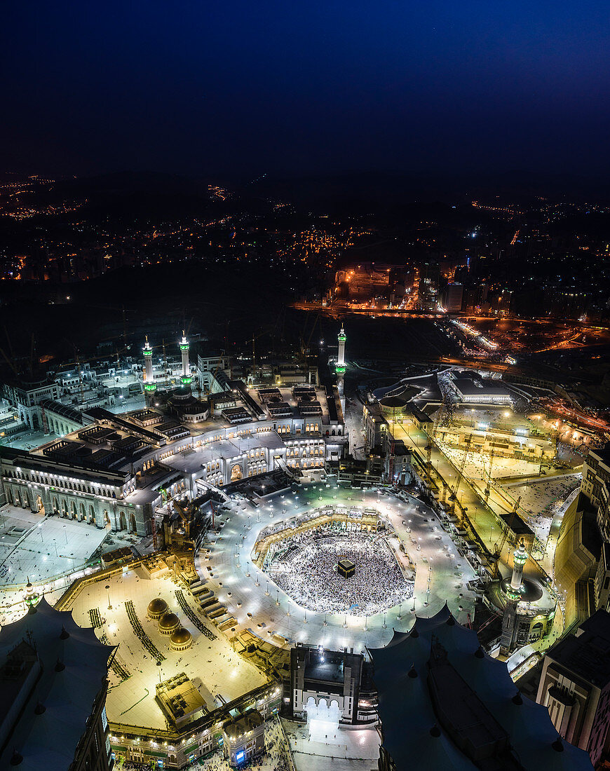 Die jährliche islamische Pilgerreise der Hajj nach Mekka, Saudi-Arabien, der heiligsten Stadt der Muslime,  Luftaufnahme