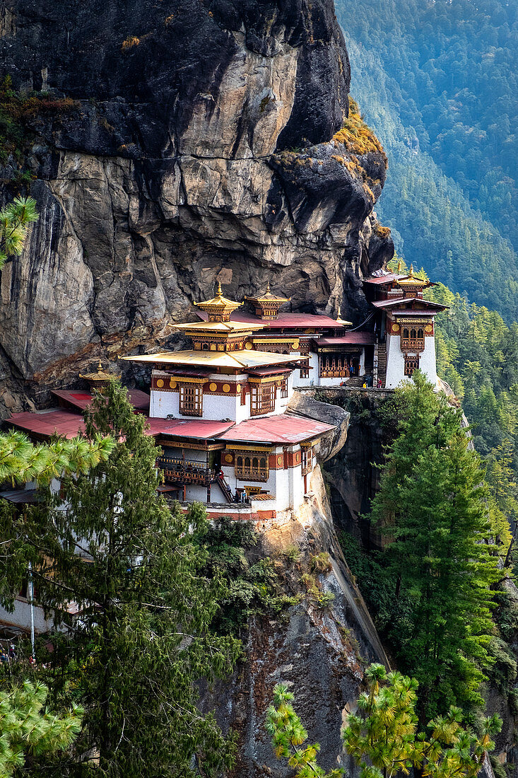 Tiger's Nest Monastery, a sacred Vajrayana Himalayan Buddhist site located in the upper Paro valley in Bhutan, Asia