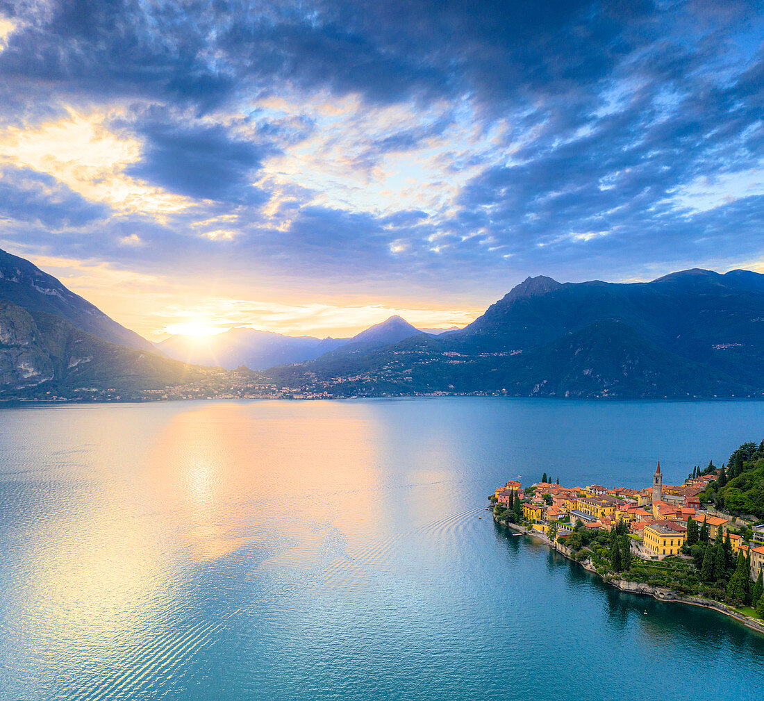 Aerial panoramic of Lake Como and Varenna at sunset, Lecco province, Lombardy, Italian Lakes, Italy, Europe