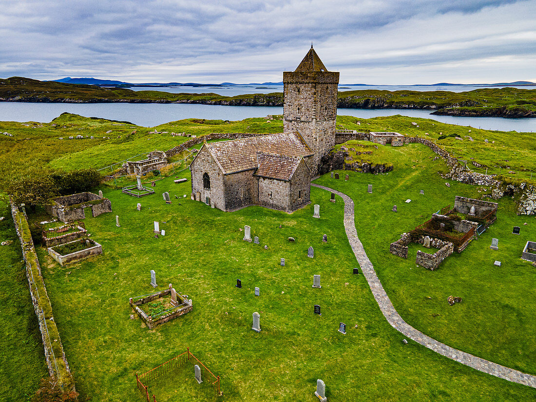 Aerial of St. Clements Church, Rodel, Isle of Harris, Outer Hebrides, Scotland, United Kingdom, Europe