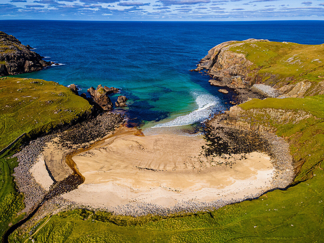 Aerial of Dailbeag beach, Isle of Lewis, Outer Hebrides, Scotland, United Kingdom, Europe