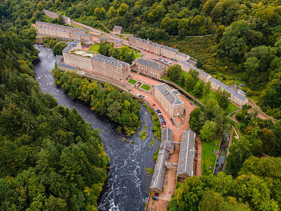 Aerial of the industrial town of New Lanark, UNESCO World Heritage Site, Scotland, United Kingdom, Europe