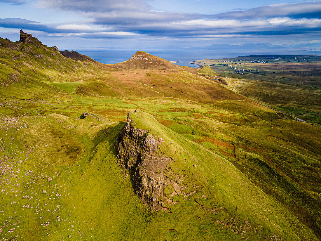 Aerial of the rugged mountain landscape of the Quiraing, Isle of Skye, Inner Hebrides, Scotland, United Kingdom, Europe