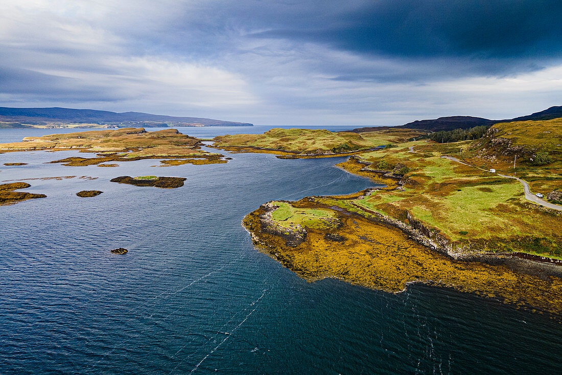 Aerial of Loch Dunvegan, Isle of Skye, Inner Hebrides, Scotland, United Kingdom, Europe