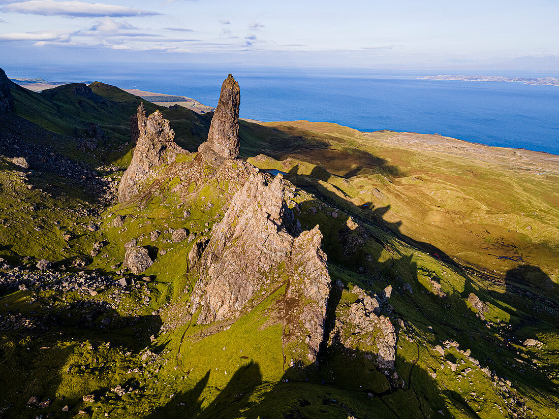 Aerial of the Storr pinnacle, Isle of Skye, Inner Hebrides, Scotland, United Kingdom, Europe