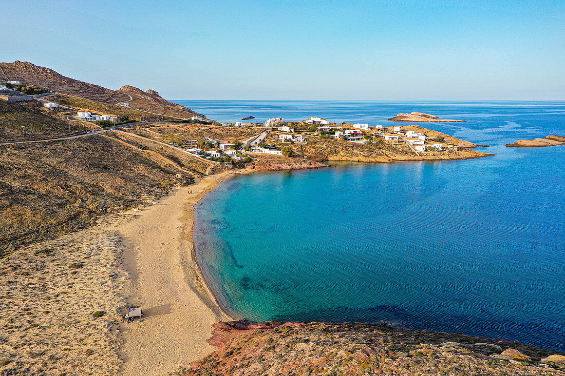 Aerial of Agios Sostis beach, Mykonos, Cyclades, Greek Islands, Greece, Europe