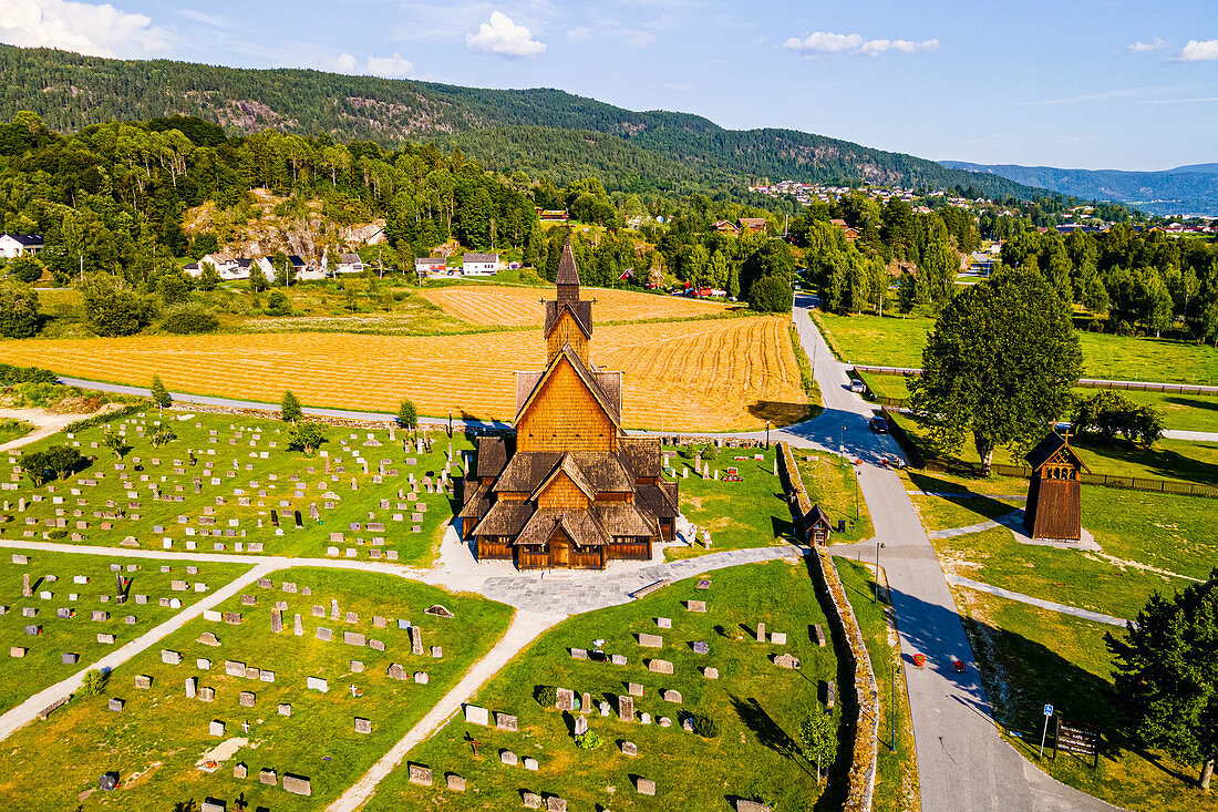 Aerial of Heddal Stave Church, Notodden, Vestfold og Telemark, Norway, Scandinavia, Europe