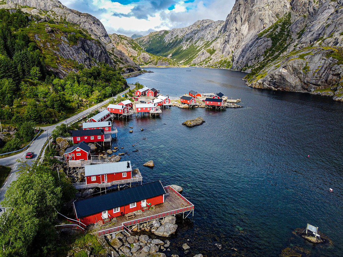 Aerial of the village of Nusfjord, Lofoten, Nordland, Norway, Scandinavia, Europe