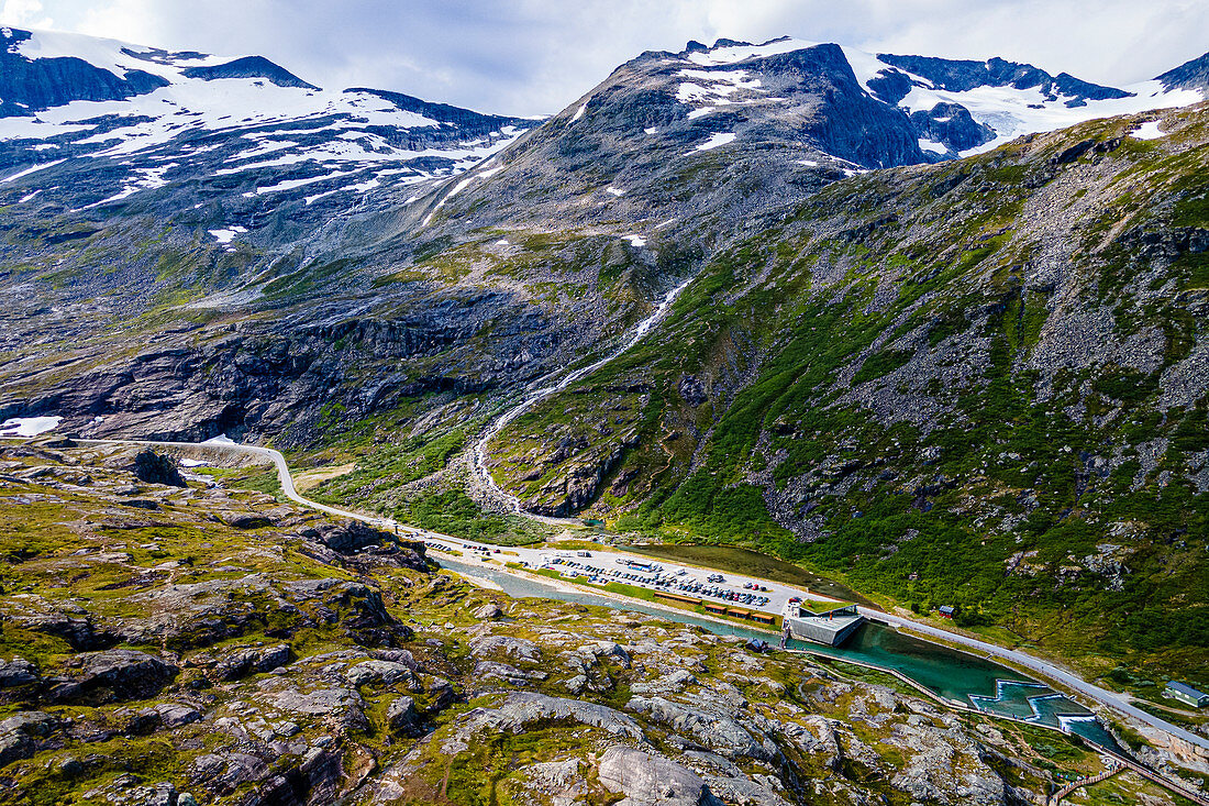 Trollstigen mountain road from the air, Norway, Scandinavia, Europe
