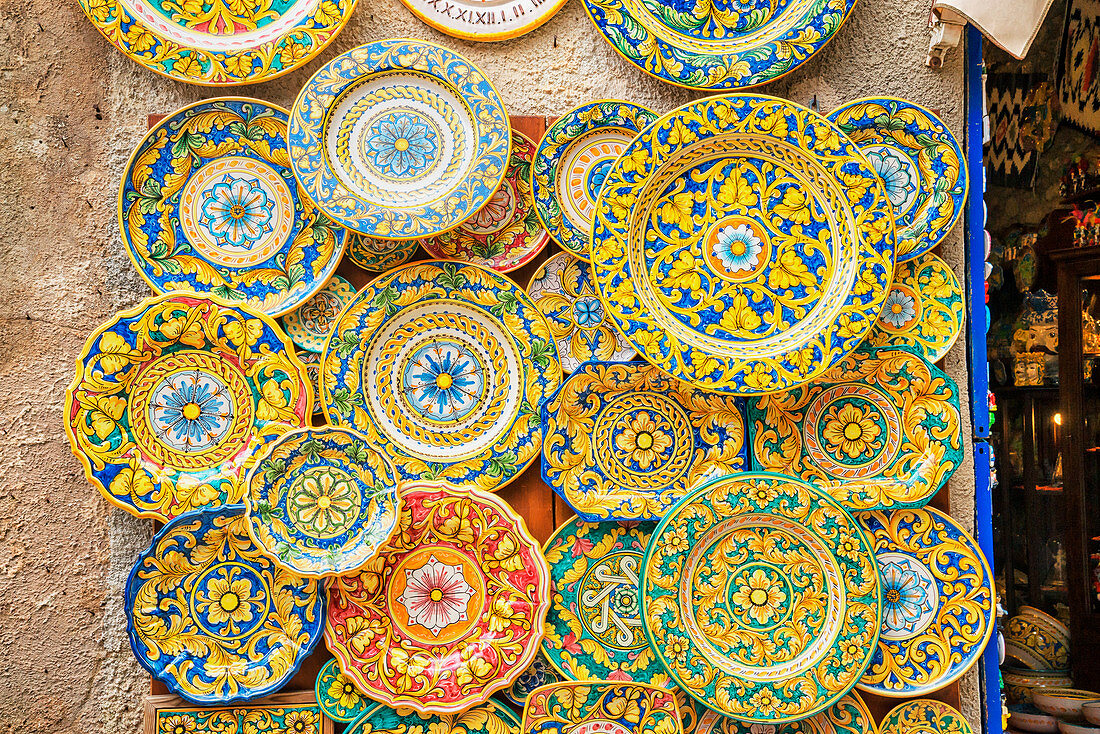 Traditional plates on display, Erice. Sicily, Italy