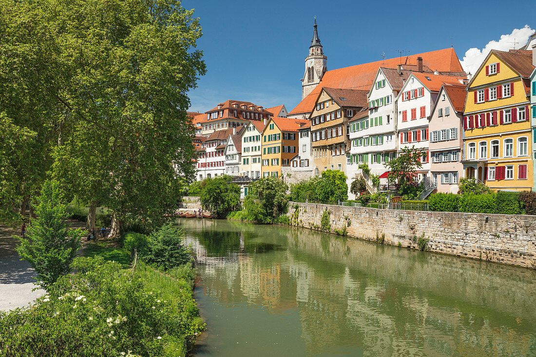 Old town with tskirche church reflecting in Neckar river, Tubingen, Baden-Wurttemberg, Germany, Europe