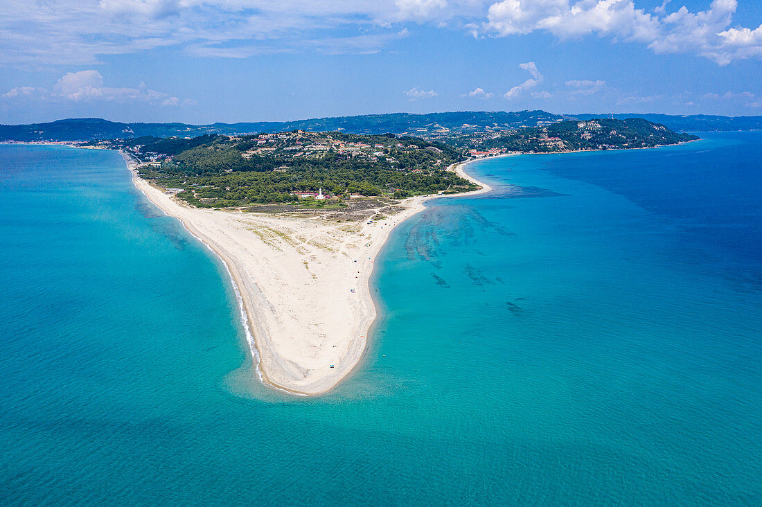 Aerial by drone of Possidi beach, Kassandra, Possidi Cape, Chalkidiki, Greece, Europe
