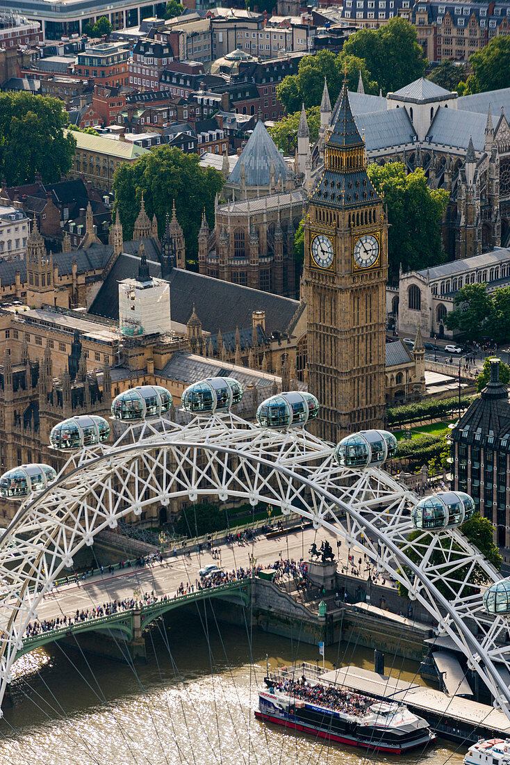 An aerial view of The London Eye and The Houses of Parliament, London, England, United Kingdom, Europe