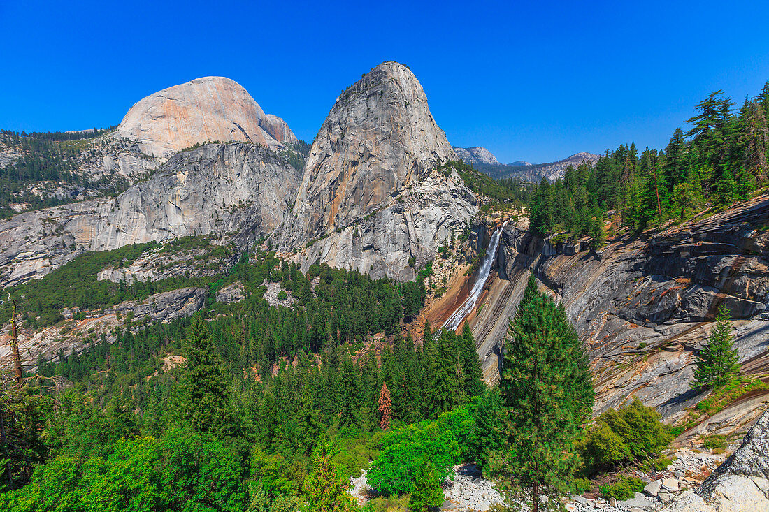 Half Dome, Mount Broderick and Liberty Cap with Nevada Fall waterfall on Merced River, Yosemite National Park, UNESCO World Heritage Site, California, United States of America, North America