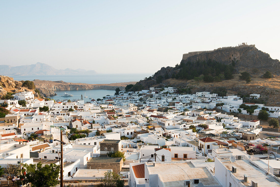 View over Lindos town, Rhodes, Dodecanese, Greek Islands, Greece, Europe