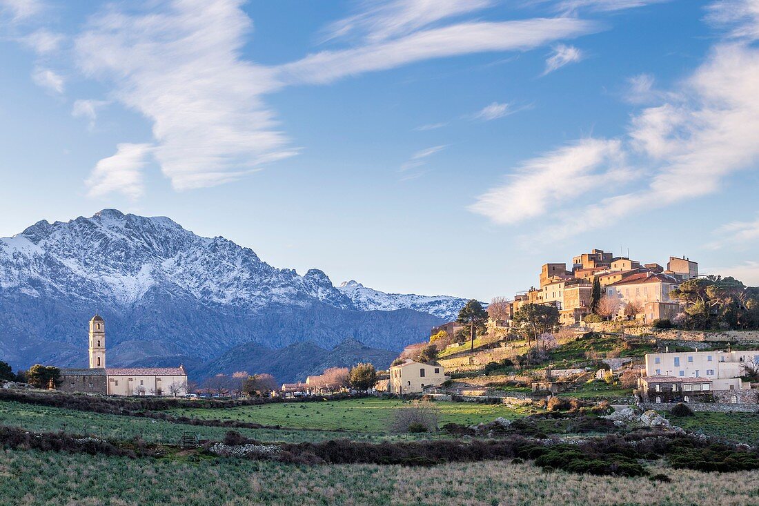 France, Haute-Corse, Balagne, village perched of Sant' Antonino, ceied the Most beaul Villages of France, overview of the village with the church of the Annonciation from XIe century