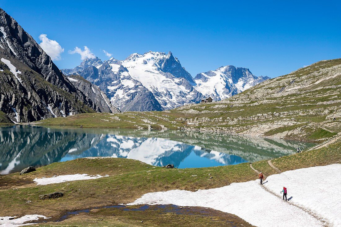 France, Hautes Alpes, Ecrins National Park, the lake Goleon (2438m) in the massif of Oisans with La Meije and the Râteau (3809m) in the background