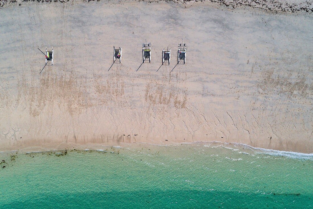 France, Finistere, Glenan archipelago, Penfret island, catamarans on the sand (aerial view)