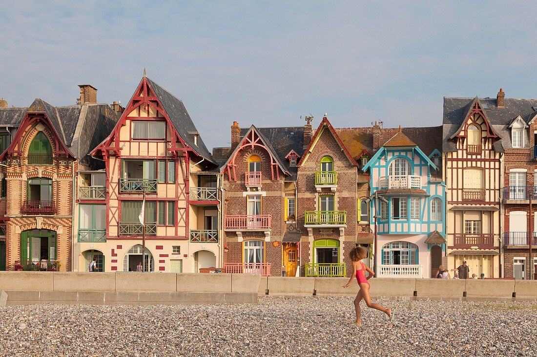 France, Somme, Mers les Bains, vertical seaside architecture villas
