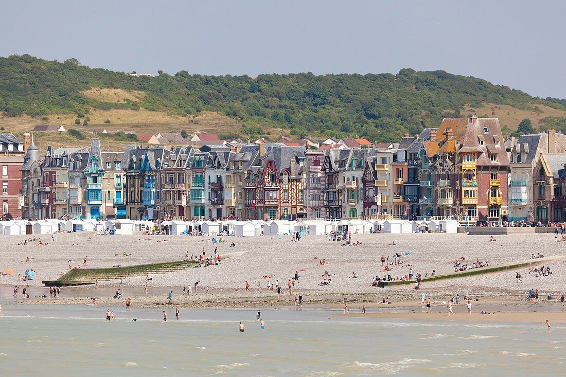 France, Somme, Mers les Bains, beach cabins and vertical seaside architecture villas