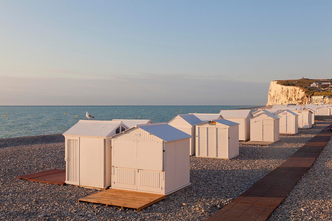 France, Somme, Mers les Bains, beach cabins and white chalk cliffs