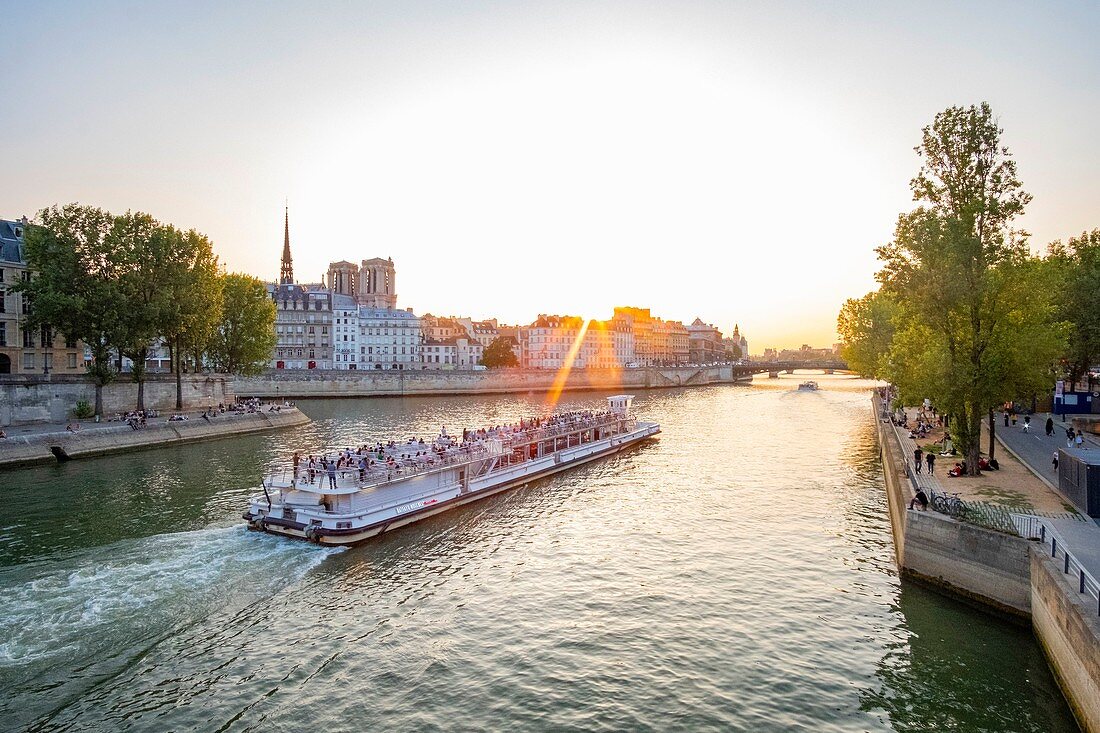 Frankreich, Paris, das UNESCO-geschützte Ufer der Seine, eine Bootsfahrt bei Sonnenuntergang vor der Insel Saint Louis und Notre Dame