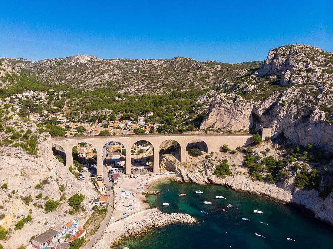 France, Bouches du Rhone, Marseille, the blue coast, the cove of the Vesse and the viaduct of the railway (aerial view)