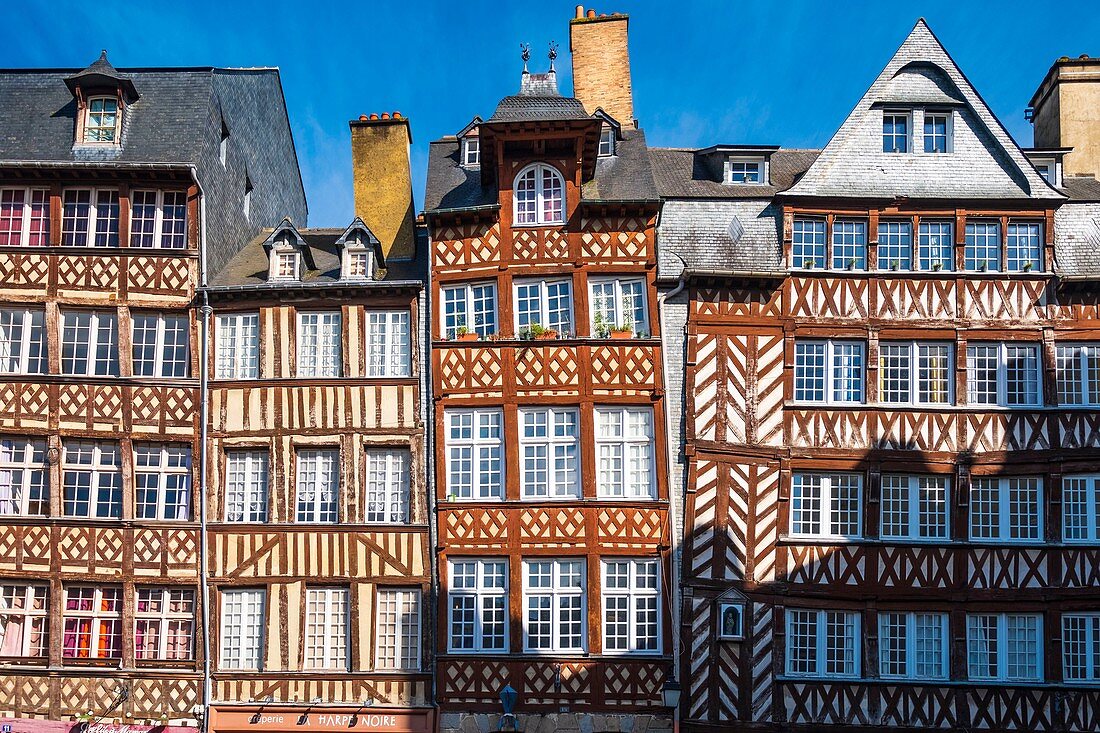 France, Ille et Vilaine, Rennes, Champ-Jacquet square is lined with 17th century half timbered houses