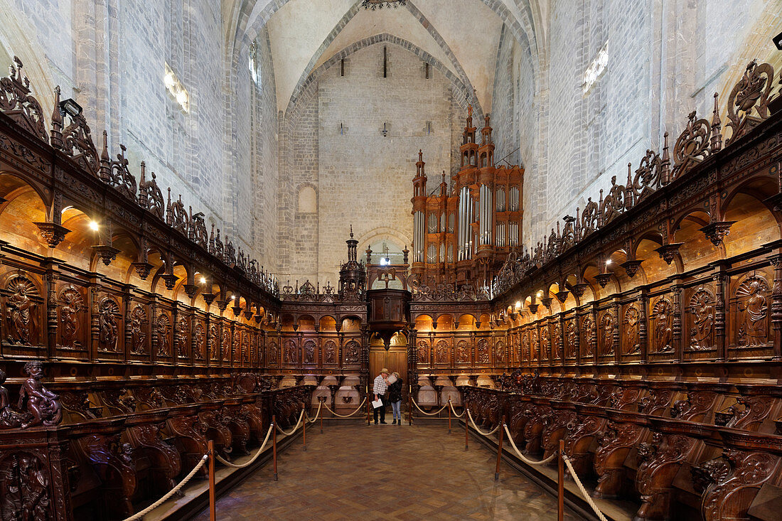 Frankreich, Haute Garonne, Saint Bertrand de Comminges, mit Les Plus Beaux Villages de France (Die schönsten Dörfer Frankreichs) gekennzeichnet, halten am El Camino de Santiago, der von der UNESCO zum Weltkulturerbe erklärt wurde, der Kathedrale Notre Dame, der Orgel und den 66 Ständen im Chor