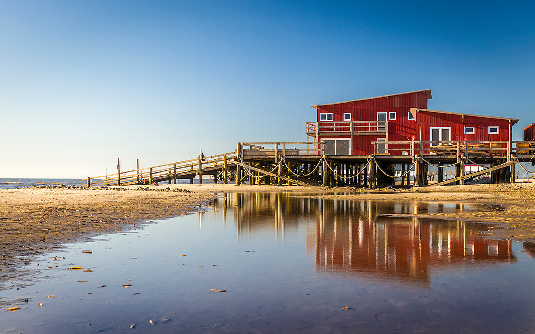Stilt house on the beach in St. Peter-Ording, North Friesland, Schleswig-Holstein