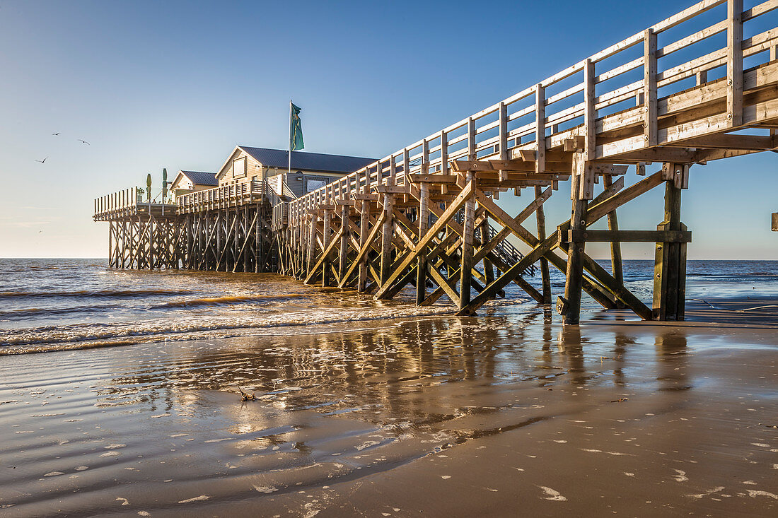 Stilt house on the beach in St. Peter-Ording, North Friesland, Schleswig-Holstein