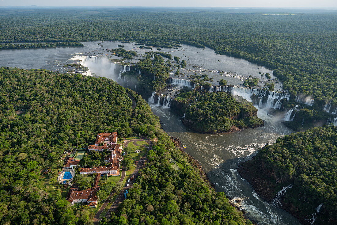 Aerial view of Hotel das Cataratas, A Belmond Hotel, Iguazu River and Iguazu Falls, Iguazu National Park, Parana, Brazil, South America