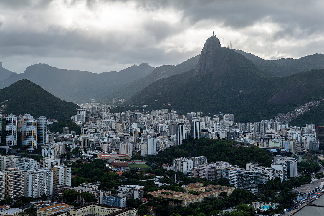 View over city from Sugar Loaf Mountain (Pao de Acucar), Rio de Janeiro, Rio de Janeiro, Brazil, South America