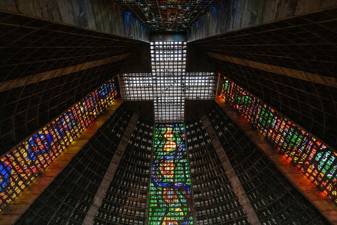 Interior of the Cathedral Catedral Metropolitana with its stunning stained glass windows, Rio de Janeiro, Rio de Janeiro, Brazil, South America