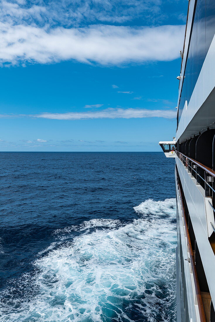 Side of expedition cruise ship World Explorer (Nicko Cruises) in the South Atlantic, near Brazil, South America