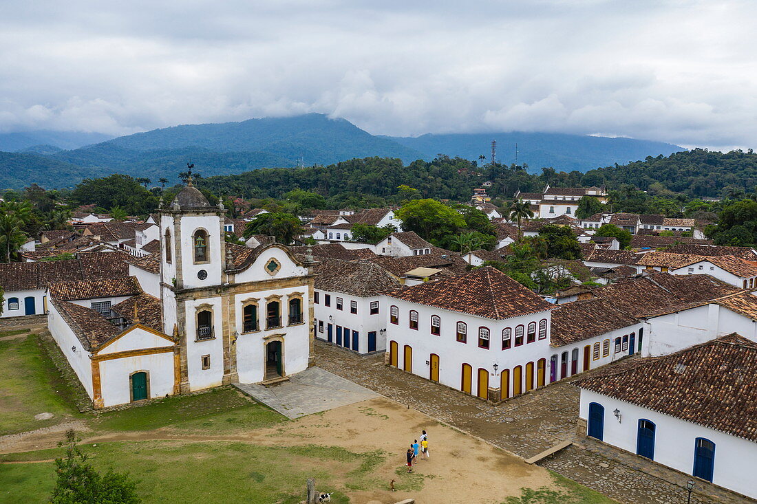 Aerial view of the Igreja de Santo Rita Church, Paraty, Rio de Janeiro, Brazil, South America